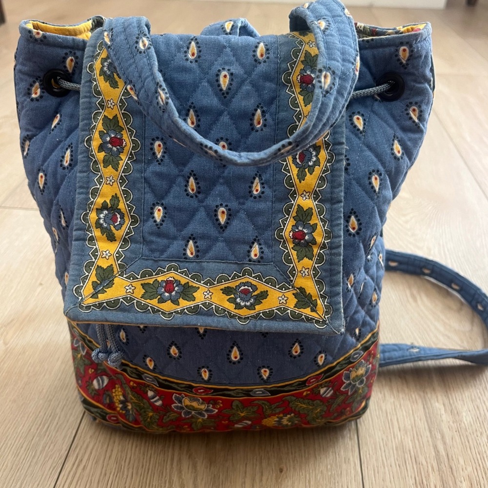 Vera Bradley Vintage French Blue Quilted Cotton Backpack Drawstring Flap